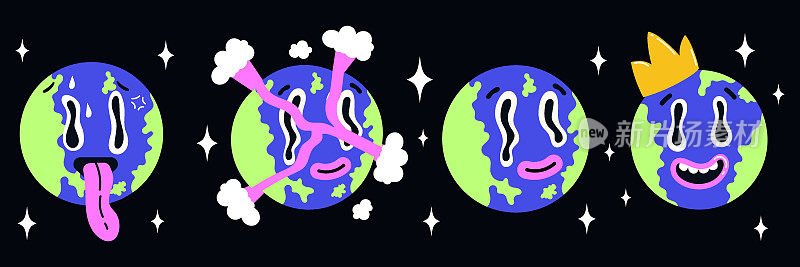 迷幻的地球星球设定在流行的千禧年卡通风格。有王冠的星球，毁灭的星球。水汪汪的眼睛。怪异的风格和充满活力的颜色。矢量插图。90年代- 2000年代怀旧。